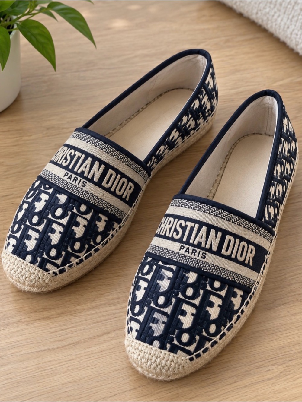 Dior Navy and Beige Logo Espadrille Slip-Ons 🥿 Paris shoes women size 9.5 🆕